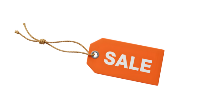 Orange sale tag with soft shadow floats against a black backdrop. Perfect for retail branding and marketing materials.
