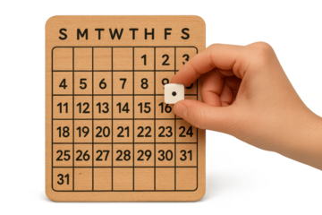 Wooden calendar with a hand placing a die on transparent background shot