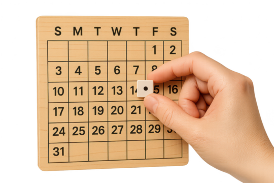 Wooden calendar with hand and date marker isolated on transparent background