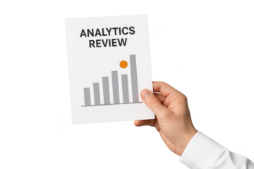 Hand holding an Analytics Review chart isolated on transparent background, report