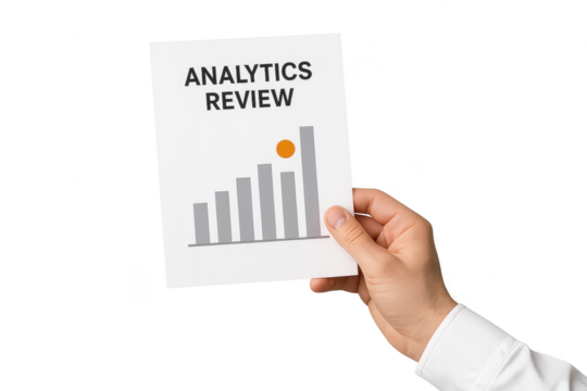 Hand holding an Analytics Review chart isolated on transparent background, report