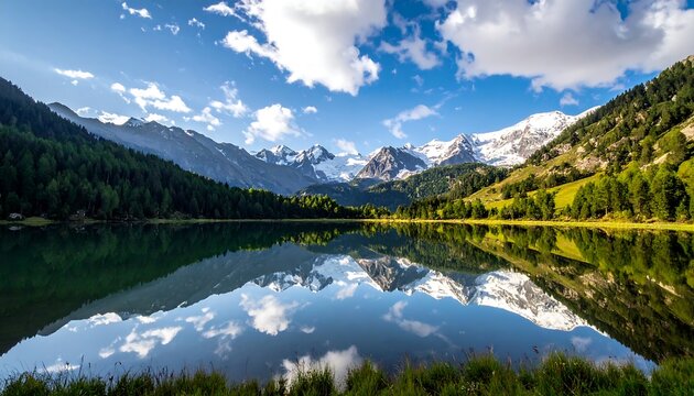 Serene alpine lake reflecting a majestic mountain range under a vibrant sky (1)