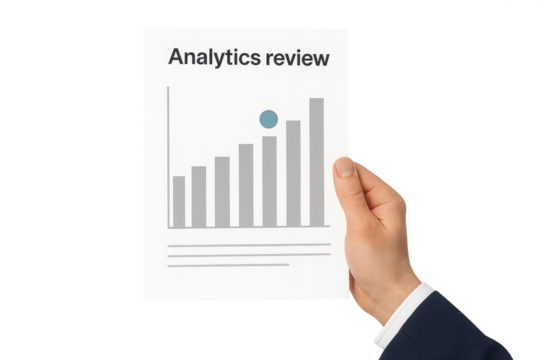 Hand holding analytics review chart isolated on transparent background, data