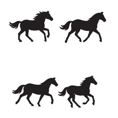 A set of four black horse silhouettes in motion on a white background, symbolizing power, freedom, and elegance. Perfect for logos, prints, icons, and design projects.