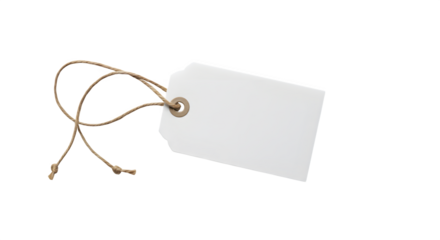 White textured tag with brown string mockup floats against black. Perfect for product labels, branding, packaging, or store promotion design.