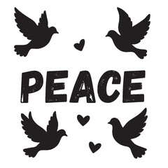 Black peace text surrounded by flying doves and hearts on white background, symbolizing love, hope, and unity. Perfect for posters, cards, and inspirational designs.