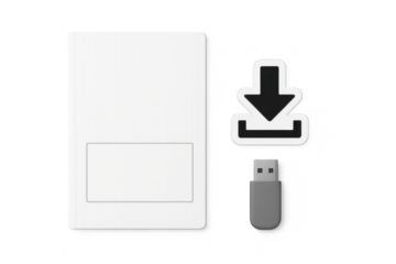 Isolated digital card with arrow download icon and USB drive on transparent
