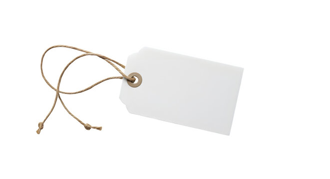 White textured tag with brown string mockup floats against black. Perfect for product labels, branding, packaging, or store promotion design.