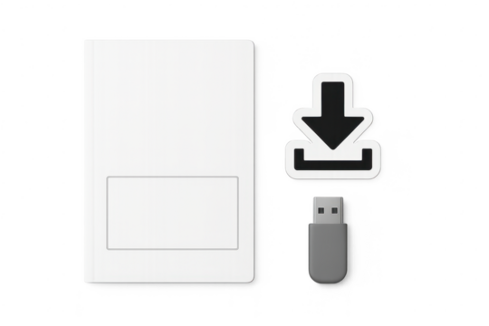 Isolated digital card with arrow download icon and USB drive on transparent