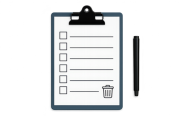 Blue clipboard with checklist and pen isolated on a transparent background