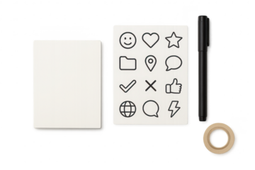 Stack of notepads, one with symbols, pen and tape, on transparent backdrop