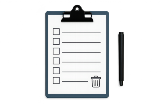 Blue clipboard with checklist and pen isolated on a transparent background