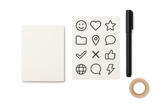 Stack of notepads, one with symbols, pen and tape, on transparent backdrop