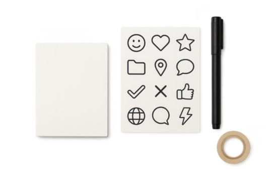 Stack of notepads, one with symbols, pen and tape, on transparent backdrop