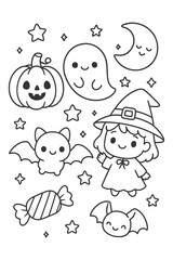 Funny vector cartoon set design and illustration - Halloween doodle coloring