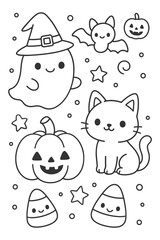 A cute set of funny cartoon vector illustration pattern design - Halloween doodle coloring