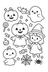 Fototapeta premium Smiling face vector illustration set for coloring book outline drawing - Halloween doodle