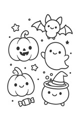 A set of funny cartoon vector icons for coloring for kids with a smiling face illustration - Halloween doodle