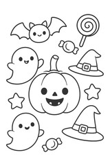 Vector icon set featuring a funny cartoon and cute expressions - Halloween doodle coloring