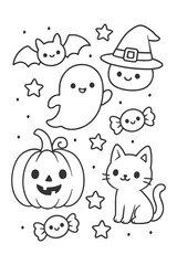 Fototapeta premium A cute set of funny cartoon illustration - Halloween doodle coloring