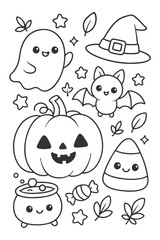 A fun vector illustration set of cartoon icons with cute baby faces and a funny  character design - Halloween doodle coloring