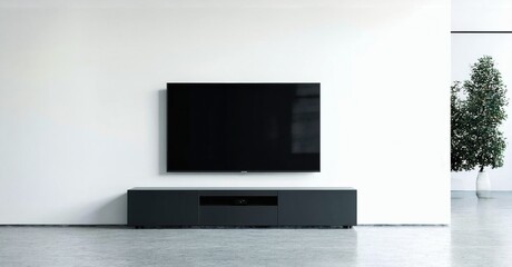 Minimalist interior features wallmounted television above sleek console. Bright room, neutral tones, plant adds subtle life.
