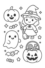 A fun set of cartoon vector icons features funny characters with smiling faces and animal designs for kids' coloring illustration art - Halloween doodle coloring
