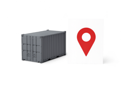 Isolated shipping container with location pin on transparent background view