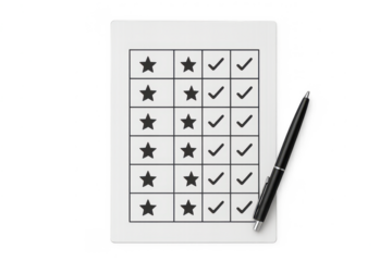 A rating matrix table with stars and checks isolated on transparent background