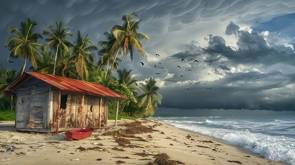 Tropical Beach Hut Under Stormy Skies With Palm Trees