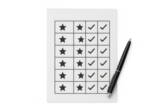 A rating matrix table with stars and checks isolated on transparent background