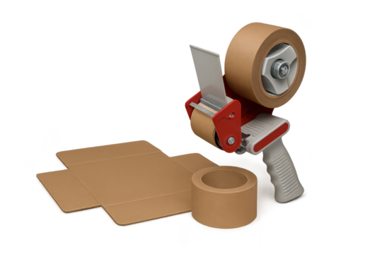 Brown packing tape dispenser and cardboard box isolated on transparent background