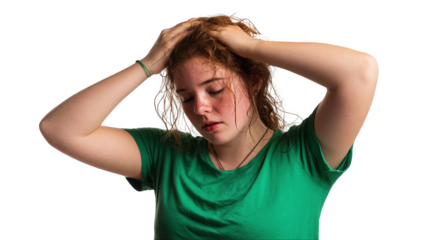 Young woman with red hair showing signs of stress and frustration isolated on transparent background.