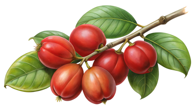 A branch of ripe red coffee cherries, isolated on a transparent background, showcasing the vibrant color and texture of the fruit before processing