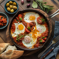 Delicious shakshuka eggs in tomato sauce with bread and olives