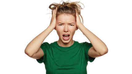 Frustrated young woman screaming with hands on her head isolated on transparent background.
