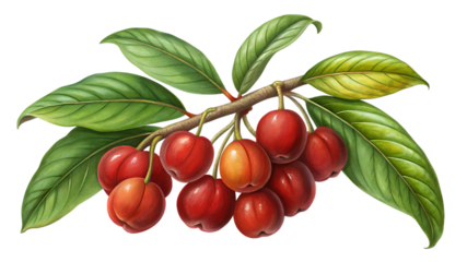 A cluster of red and orange acerola cherries on a branch with green leaves, isolated on transparent background