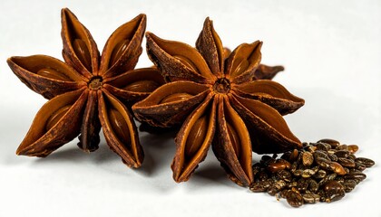 Obraz premium Two star anise spice pods, brown and dried, on white background, with scattered seeds