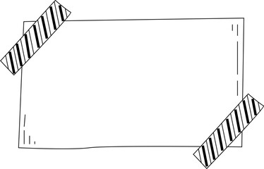 Rectangular hand-drawn paper note fastened with sticky tape strip across the top edge with simple linear details.