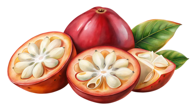 A whole red fruit and three halves of the same fruit, revealing its white flesh and seeds, isolated on a transparent background
