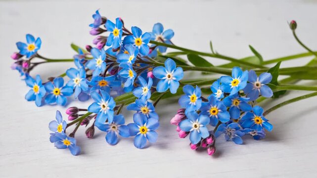 Handful of delft blue flowers with yellow and pink centers, picked from plants. Floral arrangement in a simple vase. Springtime blooms.