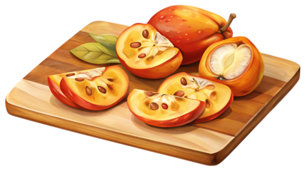 Several ripe passion fruits, whole and cut into halves and slices, on a wooden cutting board with green leaves isolated on transparent background