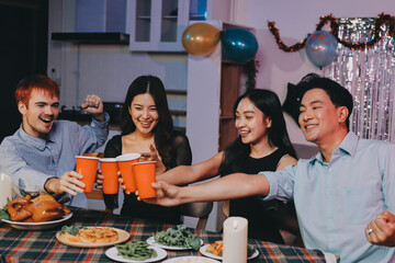 Diversity, dinner and group of people toast celebration together at party. Friends, happy and celebrate with food, wine and friendship for love, support and cheers champagne at business function