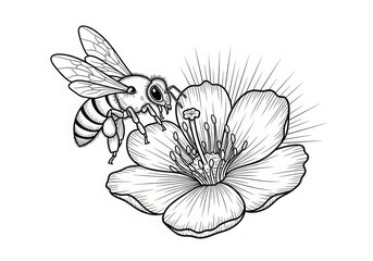 A black and white illustration of a bee collecting nectar from a flower, symbolizing pollination and natures bounty, isolated on white