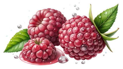 Three ripe raspberries with water droplets and green leaves, isolated on transparent background