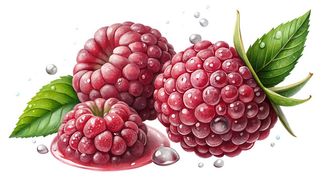 Three ripe raspberries with water droplets and green leaves, isolated on transparent background - Powered by Adobe