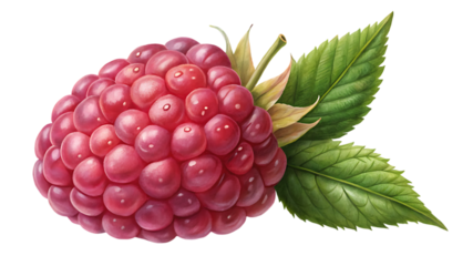 A single ripe raspberry with green leaves, isolated on a transparent background, showcasing its detailed texture and vibrant red color, perfect for food and healthrelated content