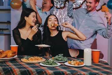 Diversity, dinner and group of people toast celebration together at party. Friends, happy and celebrate with food, wine and friendship for love, support and cheers champagne at business function