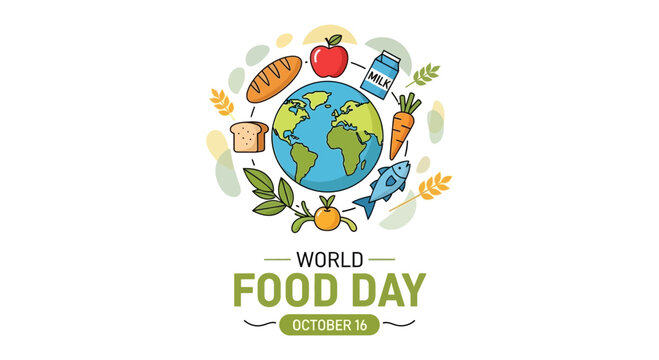 Celebrate World Food Day with this vibrant illustration showcasing the earth surrounded by essential foods like bread, fish, milk and fresh produce, promoting global awareness