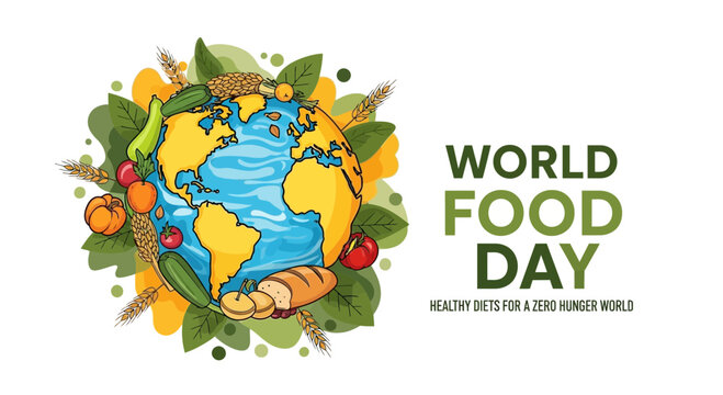 Celebrate World Food Day with a vibrant illustration of the earth surrounded by healthy, fresh food promoting sustainable diets and zero hunger, raising awareness globally